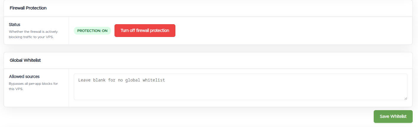 The Firewall Protection status (PROTECTION: ON with a turn-off button) and the Global Whitelist box with its Save Whitelist button