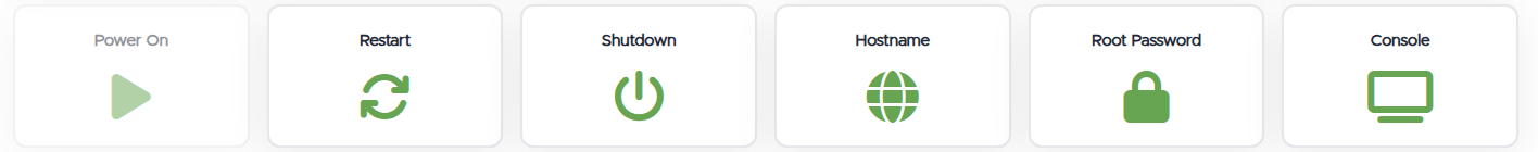The button strip on a Linux VPS: Power On, Restart, Shutdown, Hostname, Root Password, and Console