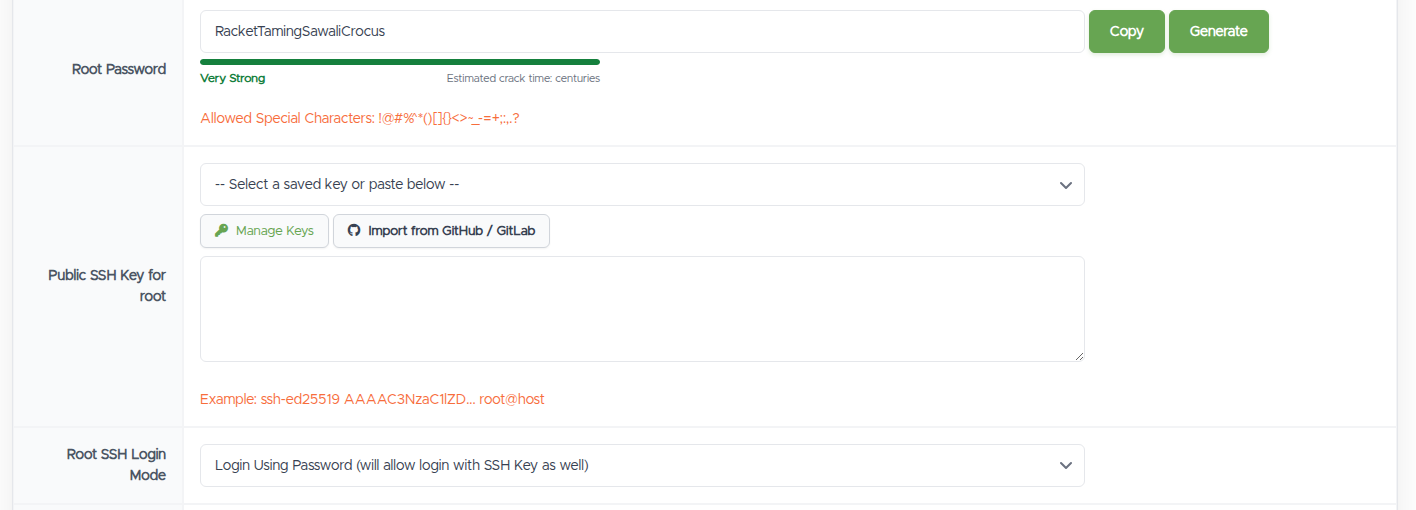 The access fields on the reinstall form: a generated root password with strength meter, the Public SSH Key for root selector with GitHub/GitLab import, and the Root SSH Login Mode dropdown