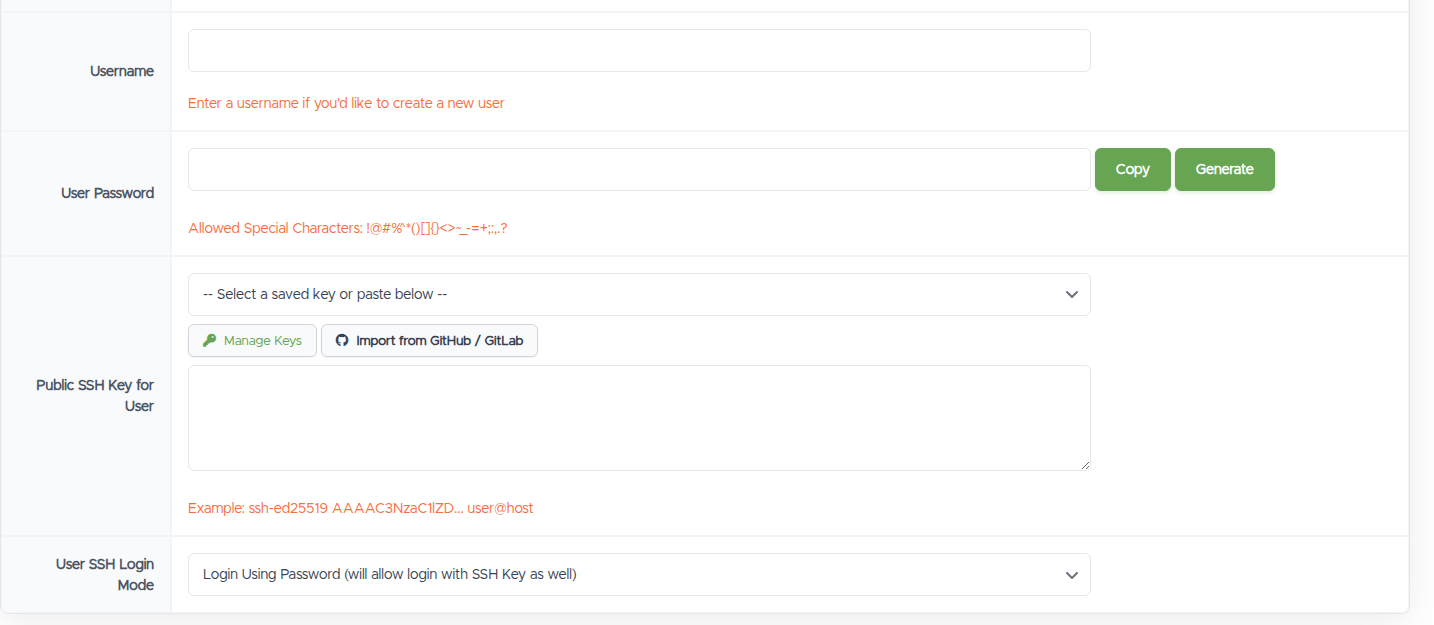 The optional user fields on the reinstall form: Username, User Password, the Public SSH Key for User selector, and the User SSH Login Mode dropdown