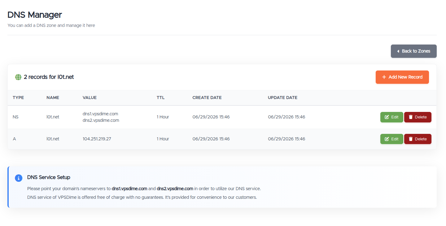 A domain's records: the NS and A records created with the zone, each with Edit and Delete buttons, and an Add New Record button