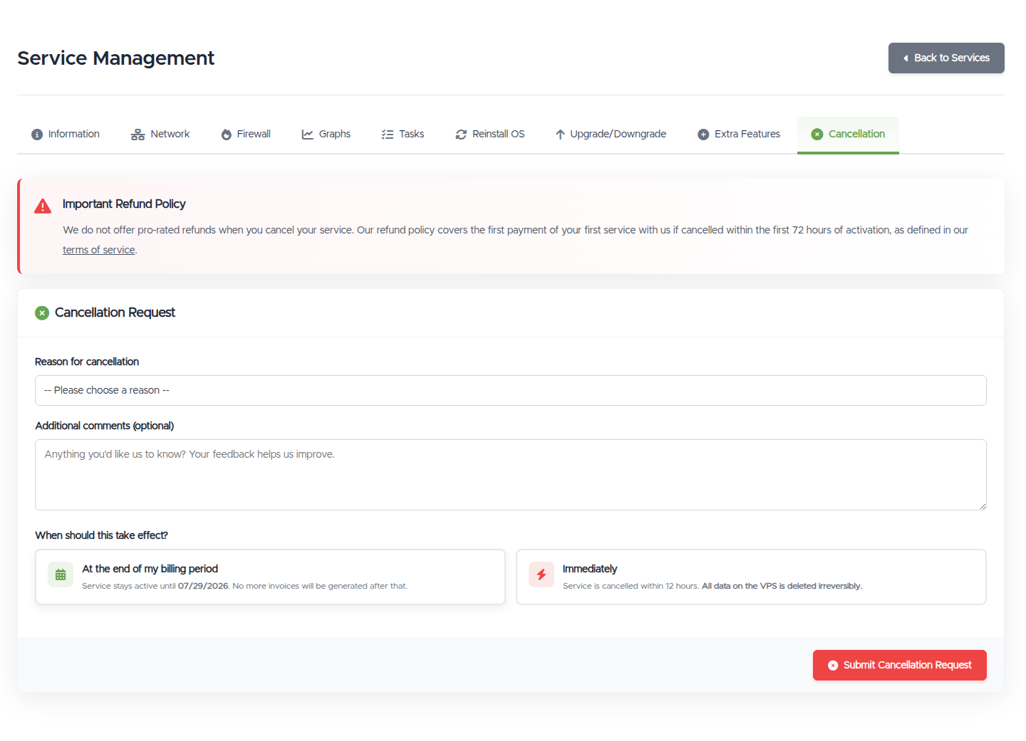 The Cancellation tab: the refund-policy notice, a reason dropdown and optional comments, the "end of billing period" vs "Immediately" choice, and the Submit Cancellation Request button