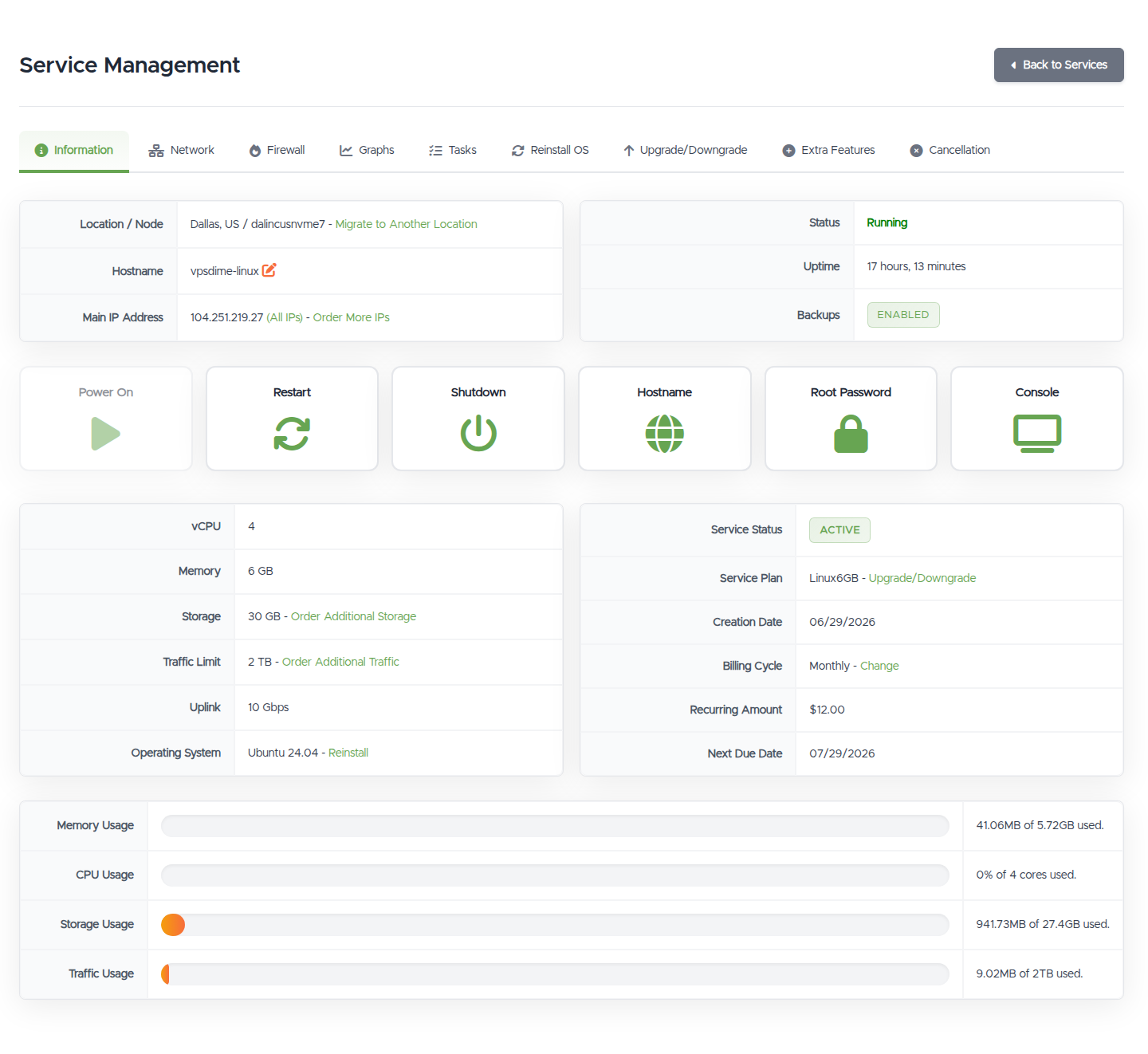 The Service Management page's Information tab: location, hostname, and IP, status and uptime, the button strip, specs and billing facts, and live usage bars