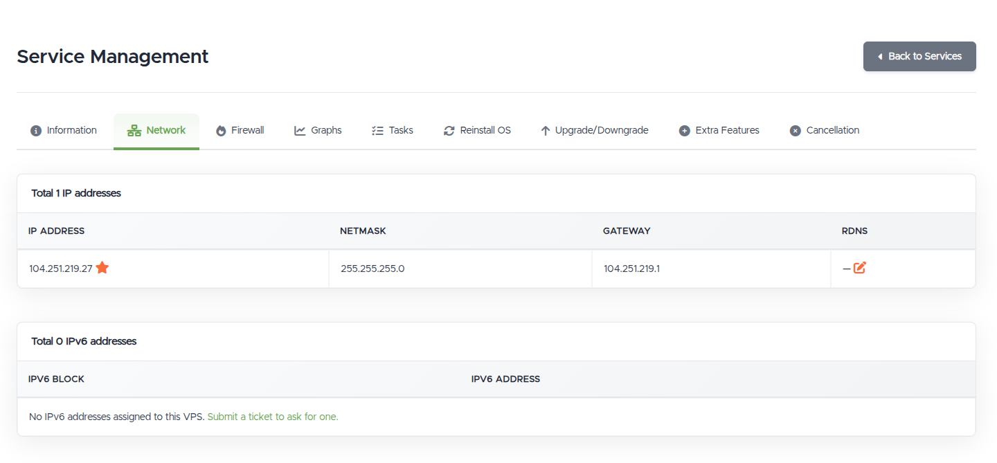 The Network tab: the IPv4 address with its netmask, gateway, and rDNS edit icon, and the IPv6 section below with a link to request an allocation