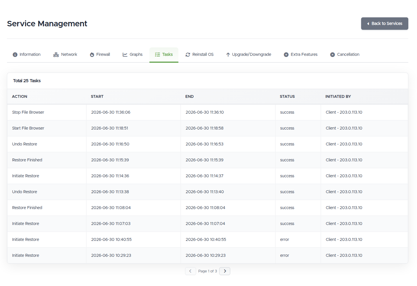 The Tasks tab: a table of actions with start and end times, a success or error status, and who initiated each (client IP or staff)