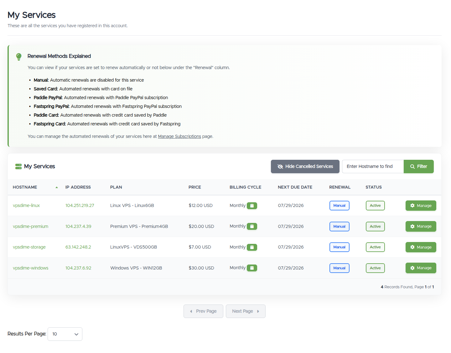 The My Services list