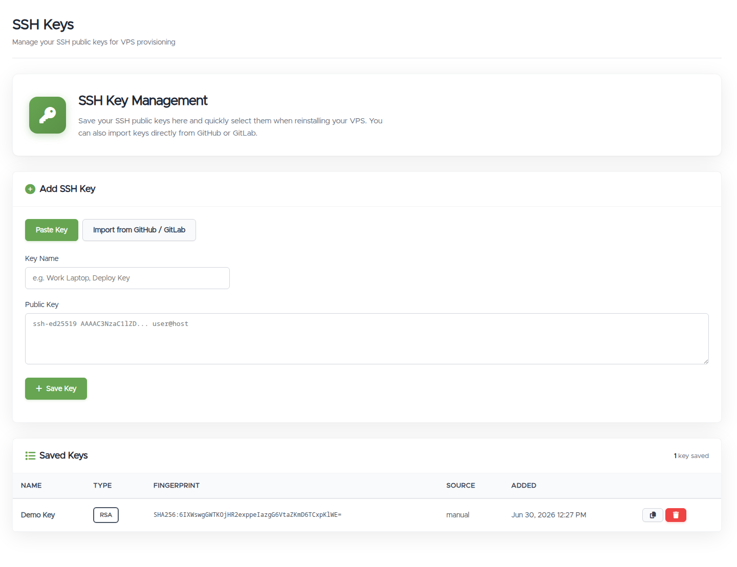 The SSH Keys page: the Add SSH Key card on its Paste Key tab (Key Name and Public Key fields), with the Saved Keys list below showing name, type, fingerprint, and source