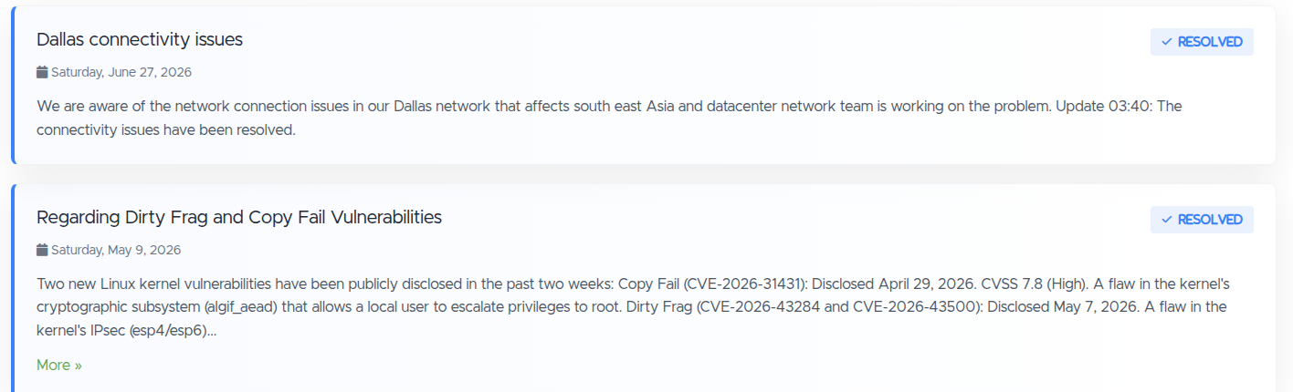 The Service Status Announcements feed: dated incident posts, each with a Resolved badge