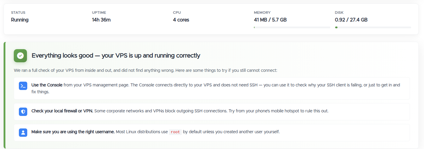 The diagnostics verdict: the VPS's live status strip and an "Everything looks good" result with things to try if you still can't connect