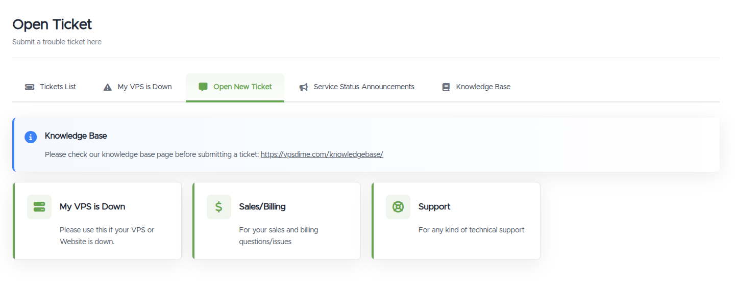 The Open Ticket page: department cards for My VPS is Down, Sales/Billing, and Support, with a Knowledge Base pointer above