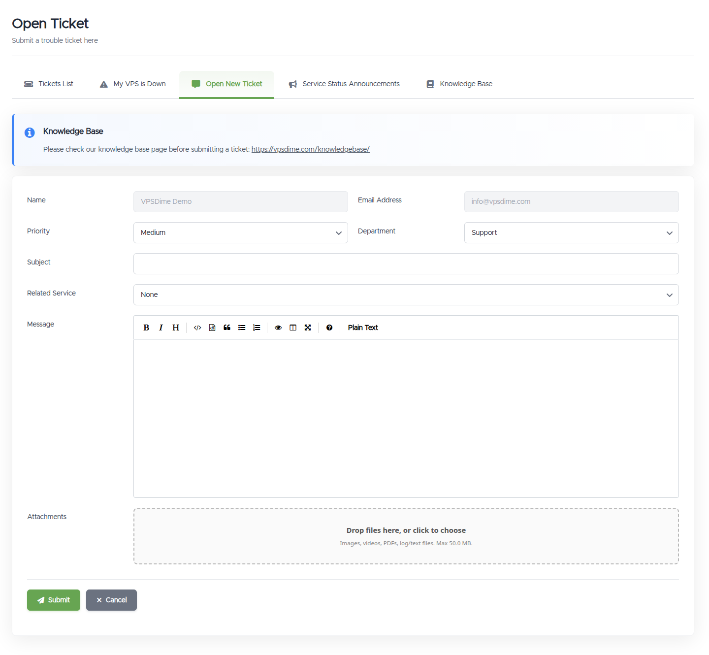 The ticket form: Priority and Department dropdowns, Subject, a Related Service selector, the message editor, and an attachments drop zone