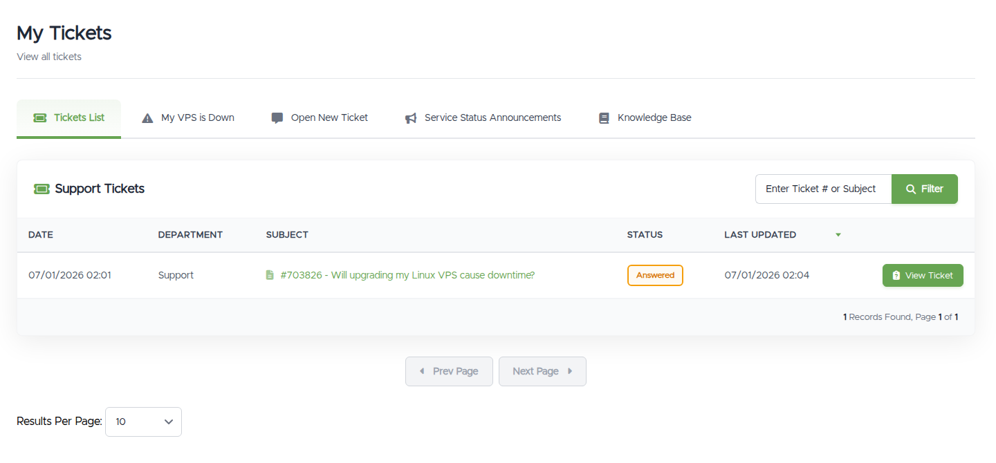 The My Tickets list: each ticket with its date, department, subject, status badge, and a View Ticket button, plus a search filter