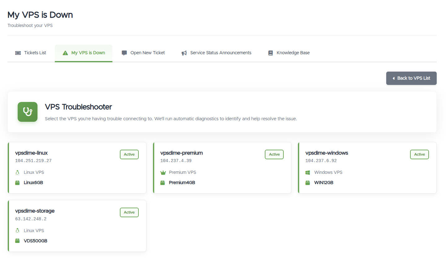 The VPS Troubleshooter's selection screen: a card per VPS with its hostname, IP, product, and status