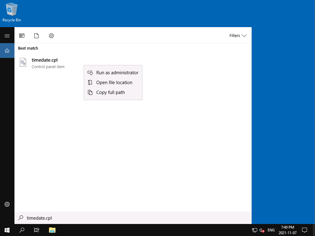 Running timedate.cpl as Administrator from the search results