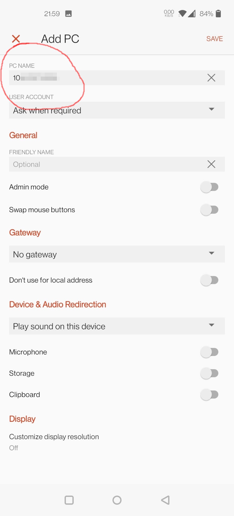 Add PC screen with the PC name field