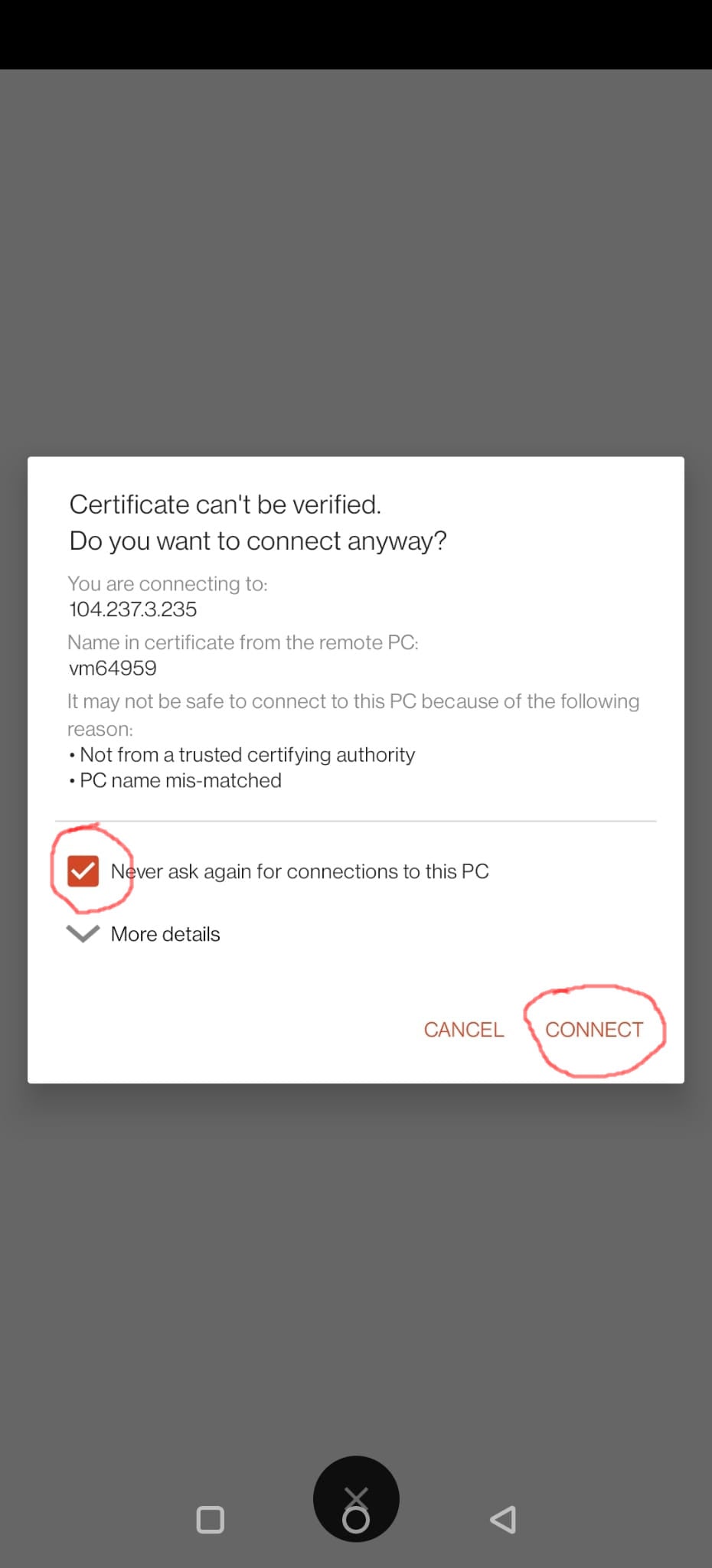 Certificate trust prompt with the never-ask-again checkbox