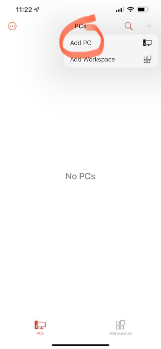 The Add PC option in the iOS client