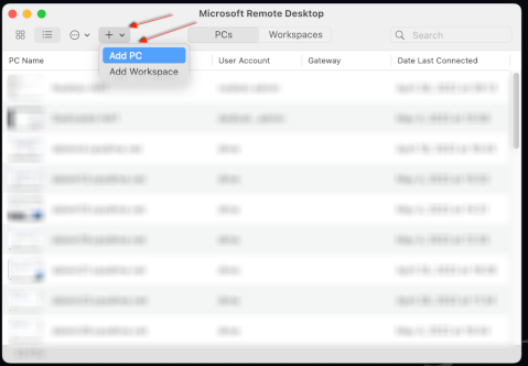 The Add PC menu in the Mac remote desktop client