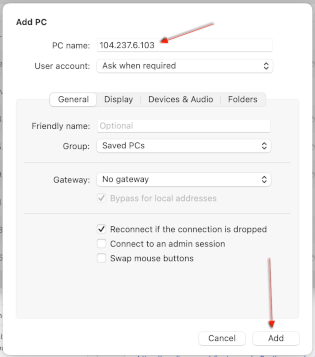 Add PC dialog with the PC name field filled in