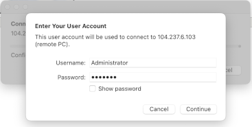 macOS credentials prompt for the remote connection