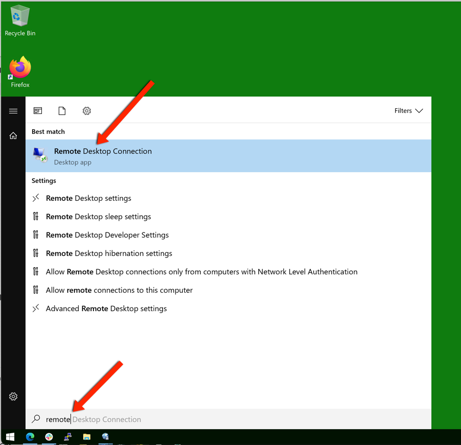 Windows Start menu search showing Remote Desktop Connection