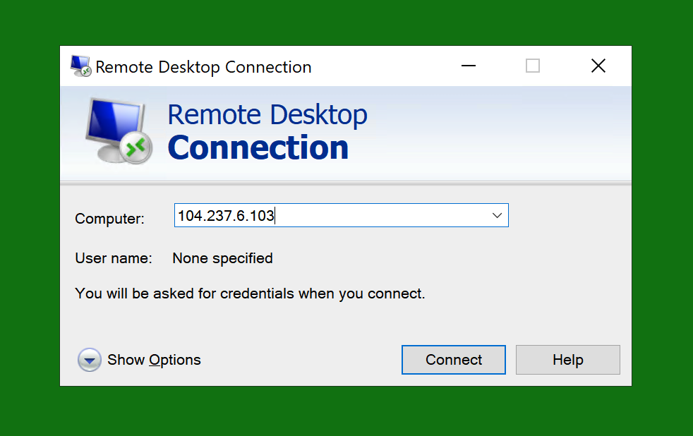 Remote Desktop Connection window with the Computer field filled in