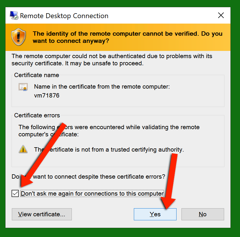Certificate warning dialog with the don't-ask-again checkbox