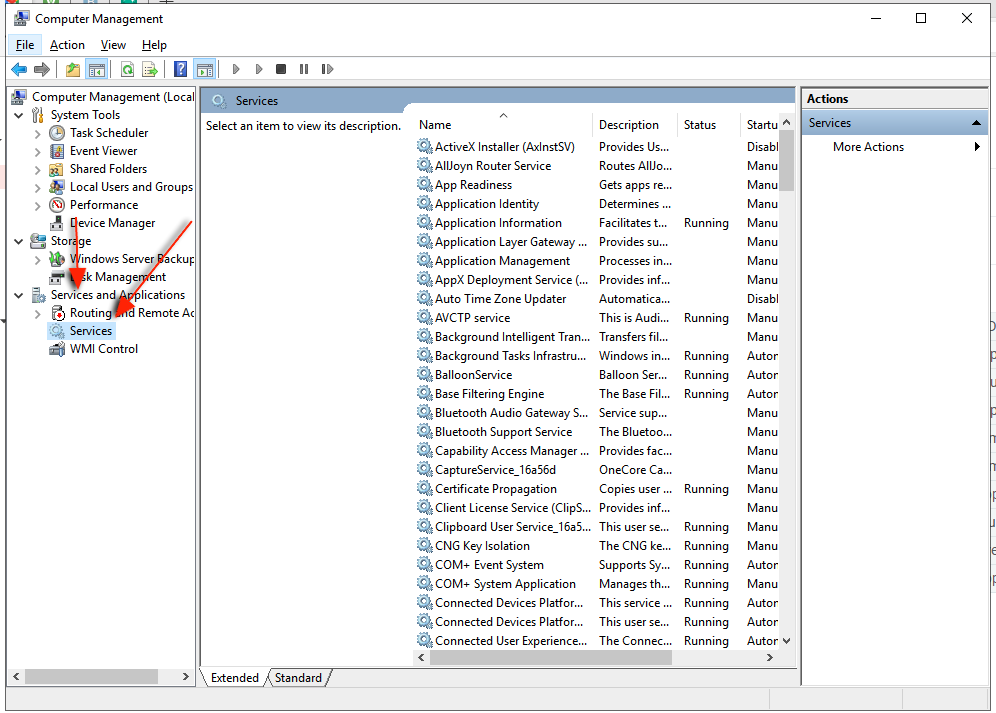 Computer Management with the Services list open
