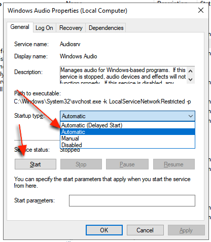 Windows Audio service properties set to Automatic and started
